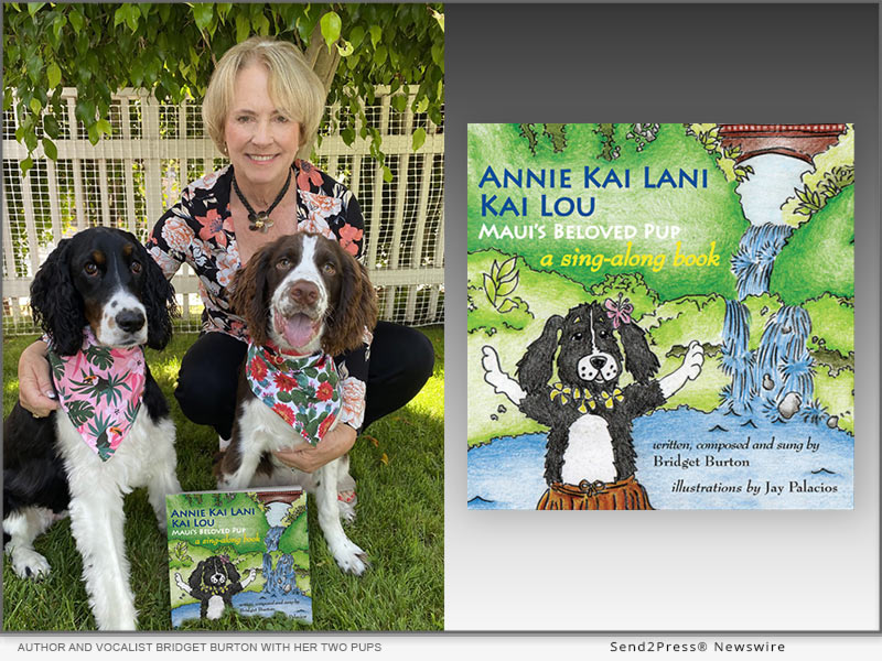 Author and vocalist Bridget Burton with her two pups and book
