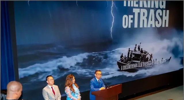 David Duong speaking to attendees at “The King of Trash” screening at the United States Navy Memorial in Washington, D.C.