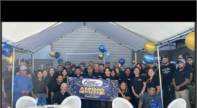 Crest Coating team gather at the company’s Anaheim, Calif., facility to celebrate earning AS9100D certification