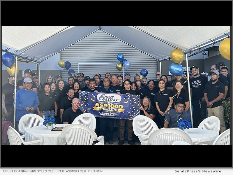Crest Coating team gather at the company’s Anaheim, Calif., facility to celebrate earning AS9100D certification